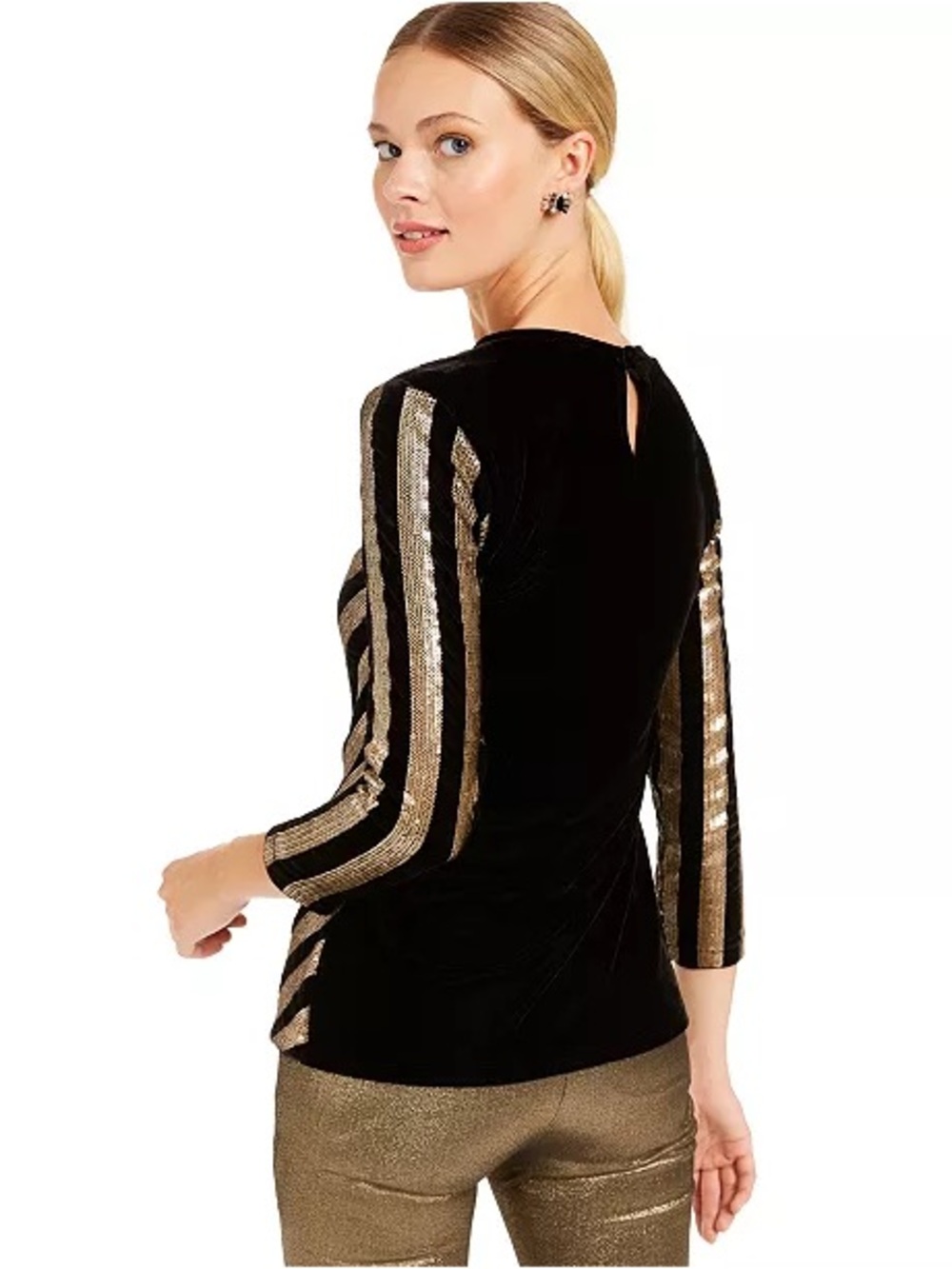 INC International Concepts Velvet Sequined Chevron Top Black and Gold - Picture 2 of 6